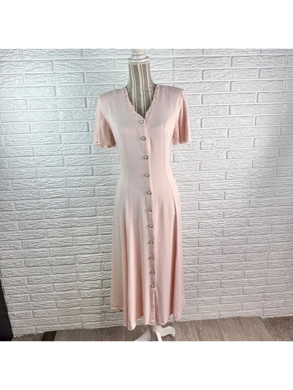 Vintage Words Pale Pink Pearl Button Front Midi Maxi Dress Lace Up Back Sz 11/12